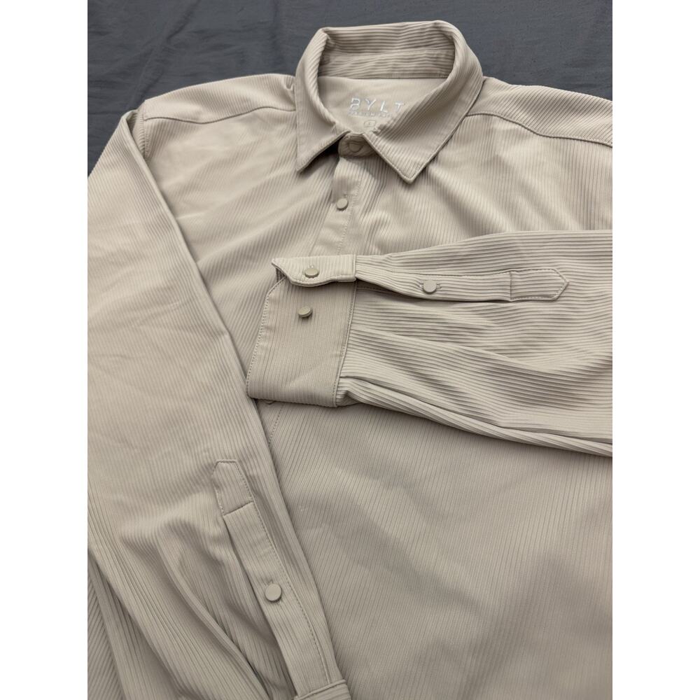 BYLT Shirt Mens L Beige Performance Stretch Button Up Ribbed Long Sleeve